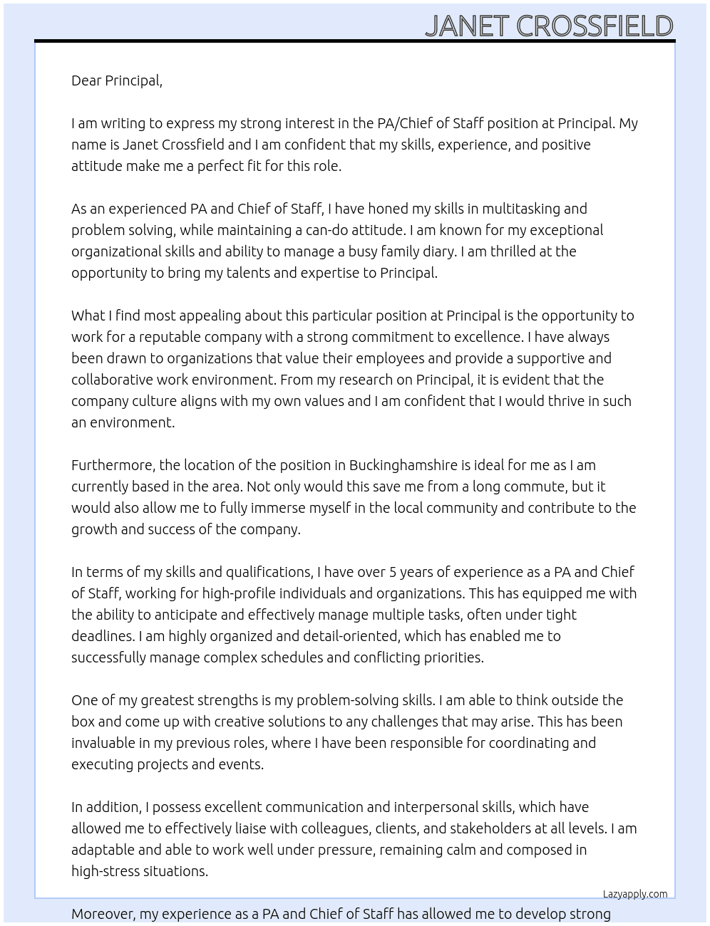 PA/Chief of Staff At Principal Cover Letter