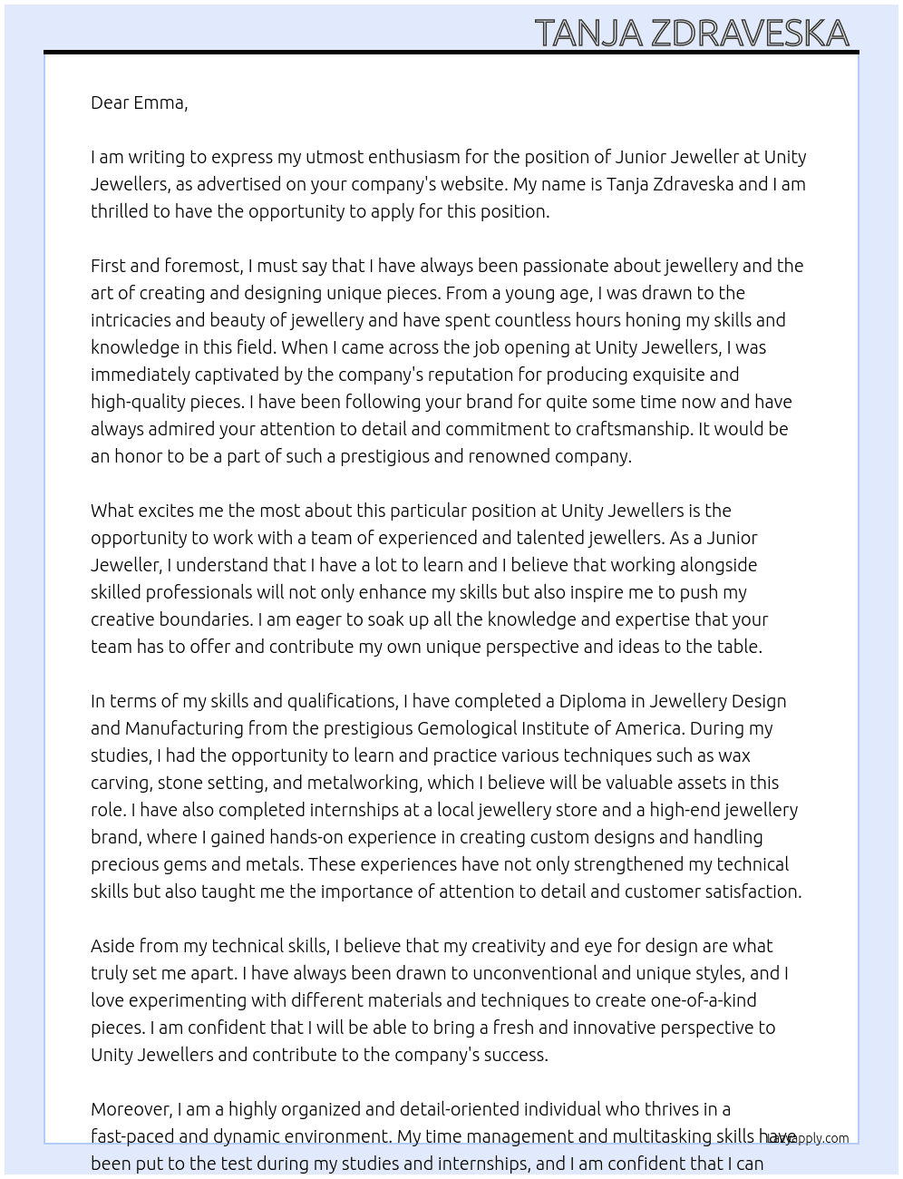 Junior Jeweller At Unity Jewellers Cover Letter
