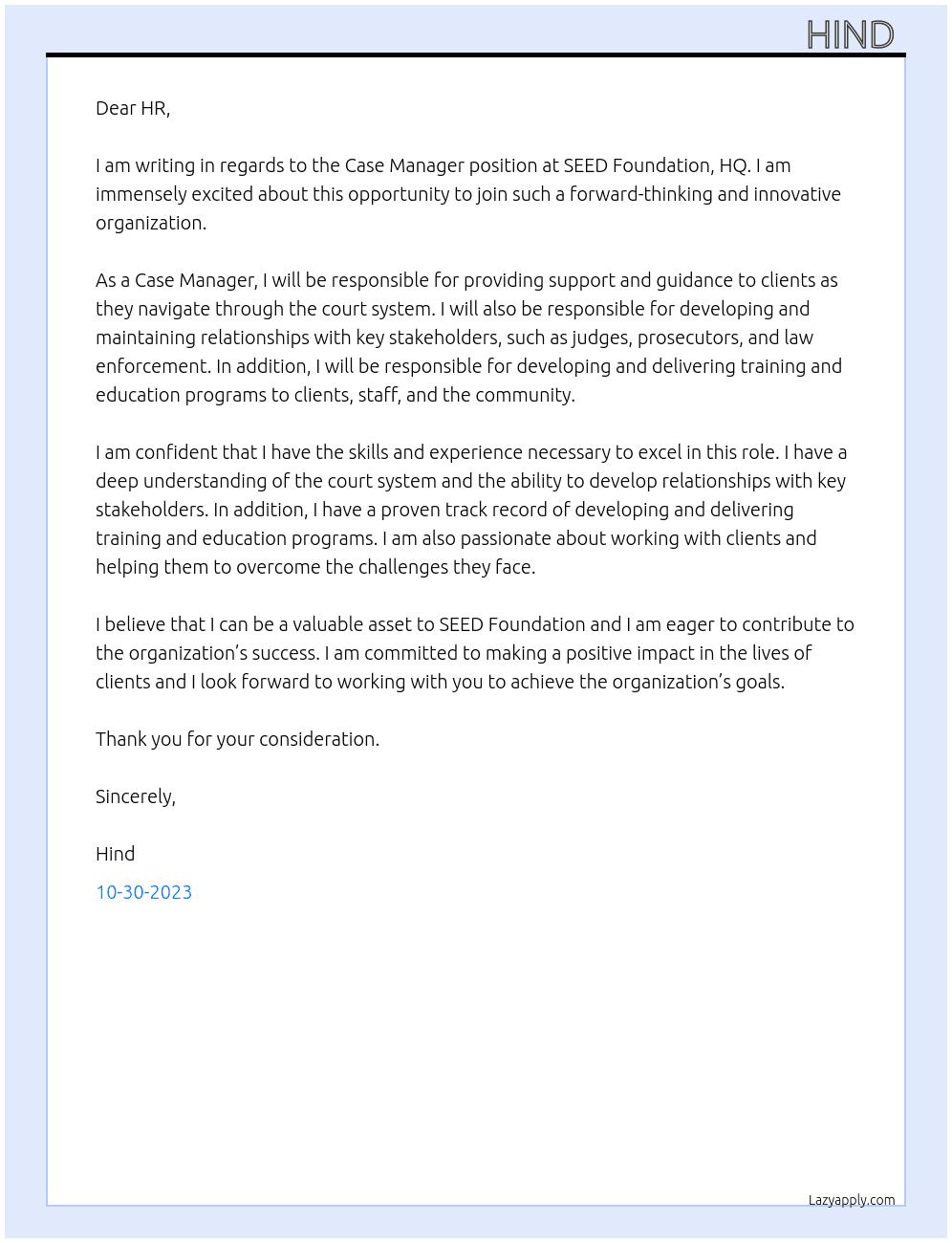 Case Manager At SEED Foundation, HQ Cover Letter