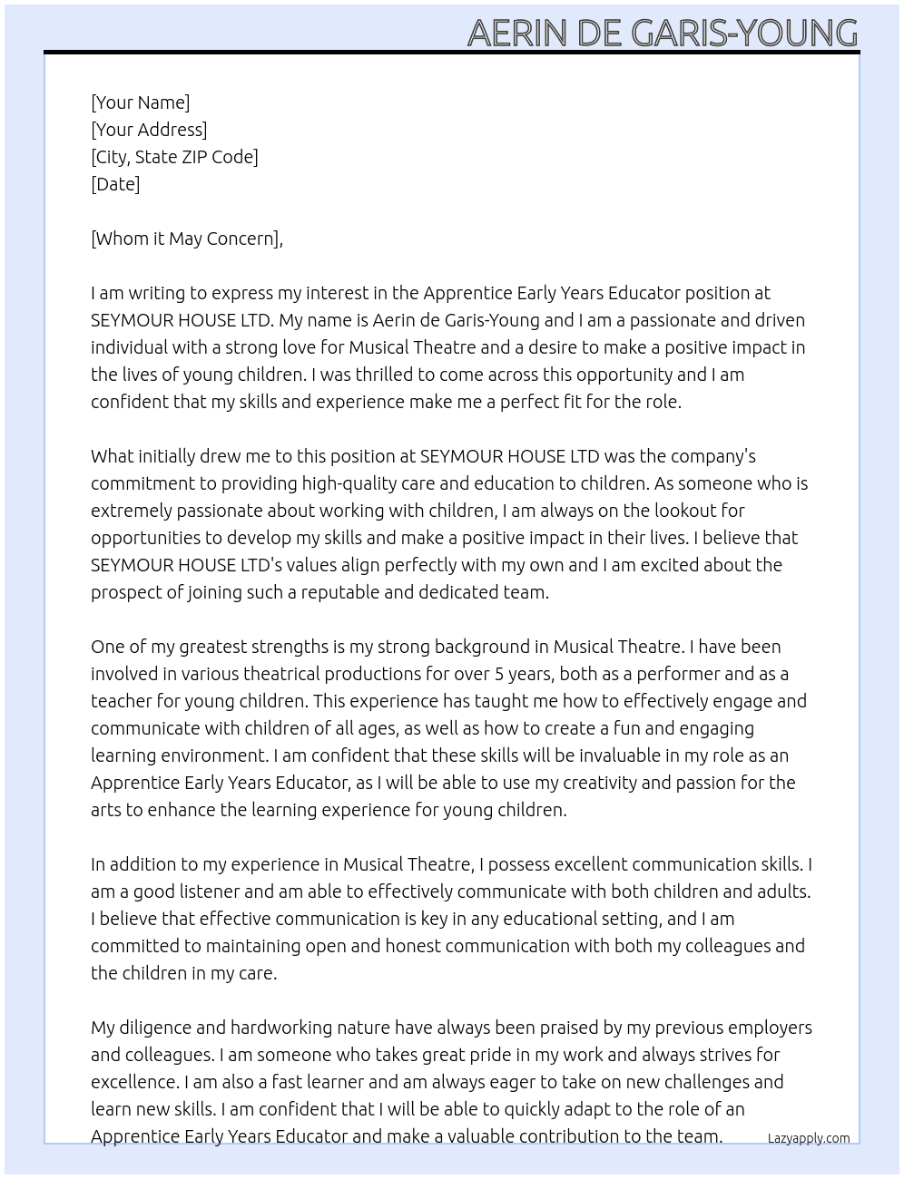 Apprentice Early Years Educator At SEYMOUR HOUSE LTD Cover Letter