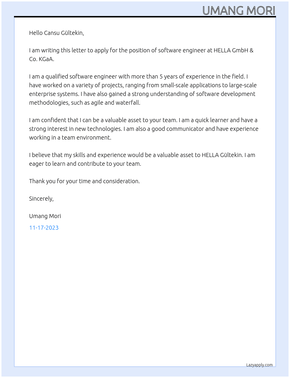 Software Engineer At HELLA GmbH & Co. KGaA Cover Letter