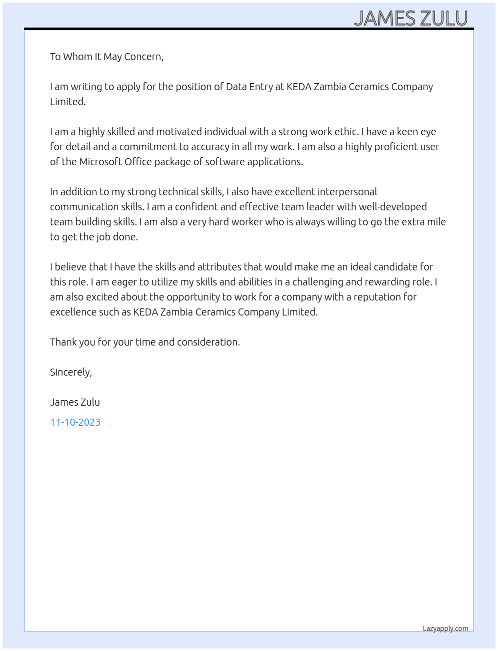 Data Entry At KEDA ZAMBIA CERAMICS COMPANY LIMITED Cover Letter