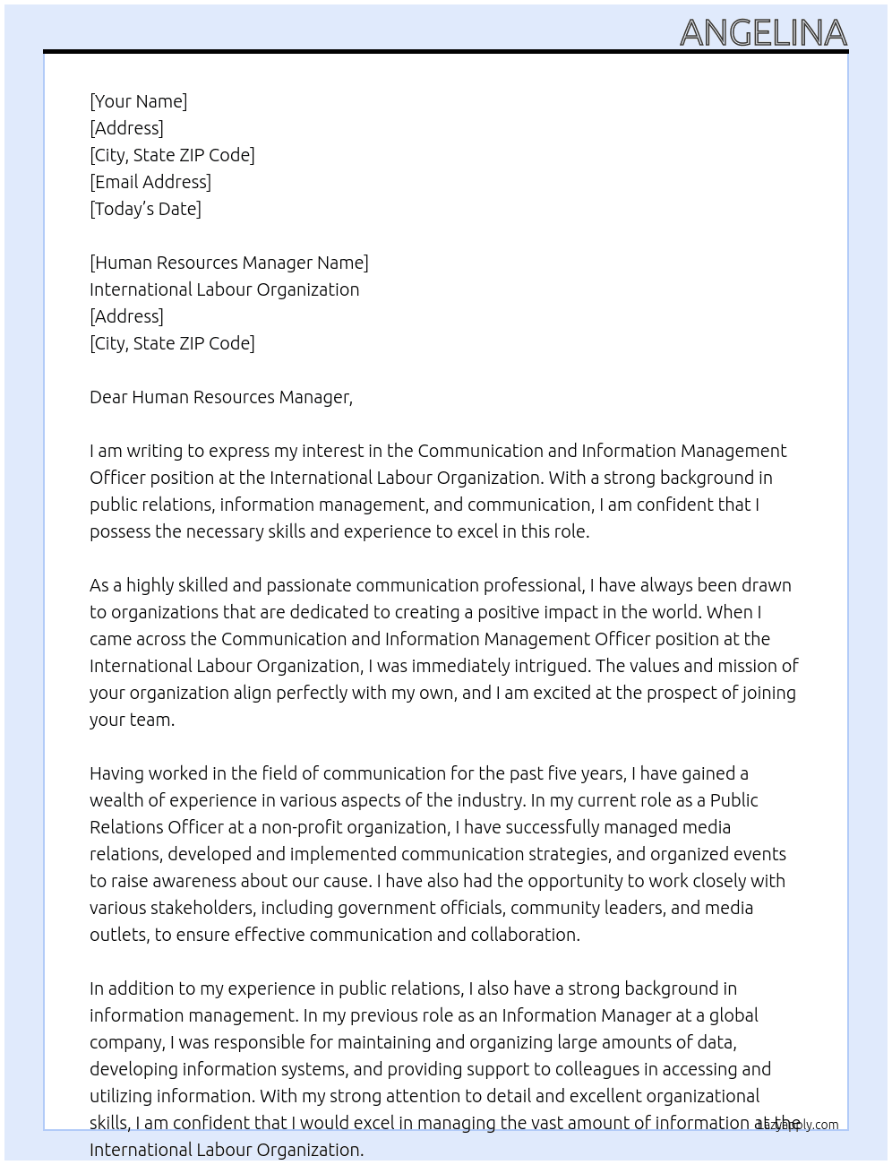 Communication and Information Management Officer At International Labour Organization Cover Letter
