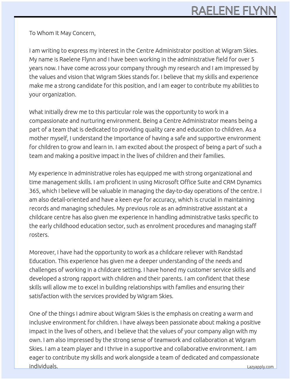 Centre Administrator At Wigram Skies Cover Letter