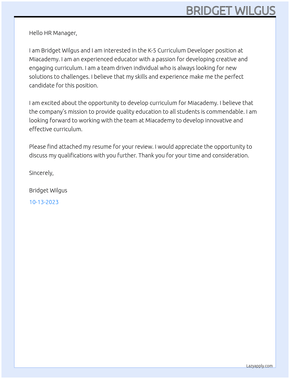 K-5 Curriculum Developer At Miacademy Cover Letter
