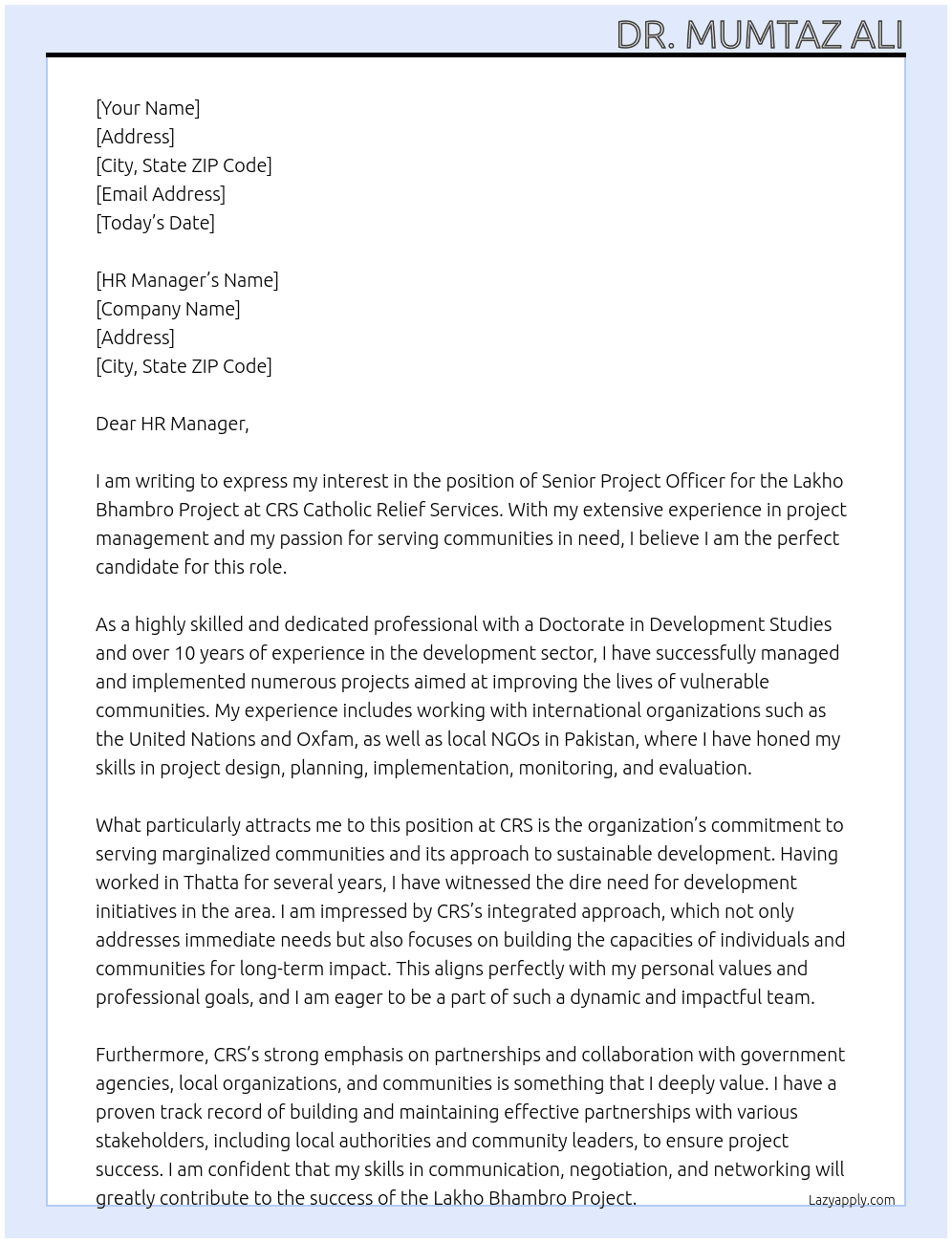 Senior Project Officer Lakho Bhambro Project At CRS Catholic relief Services Cover Letter