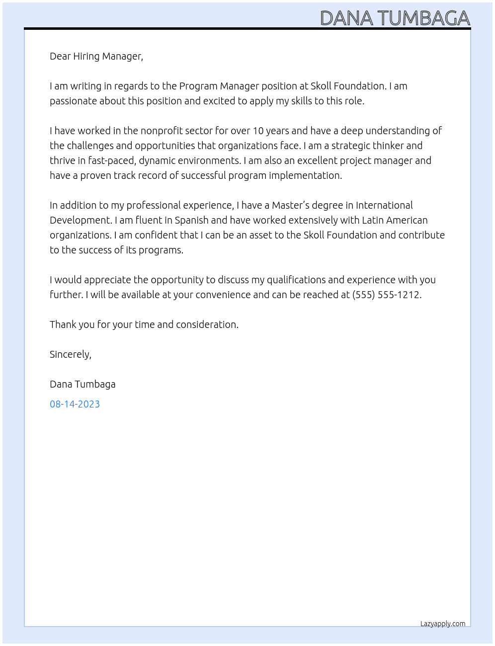 Program Manager At Skoll Foundation Cover Letter
