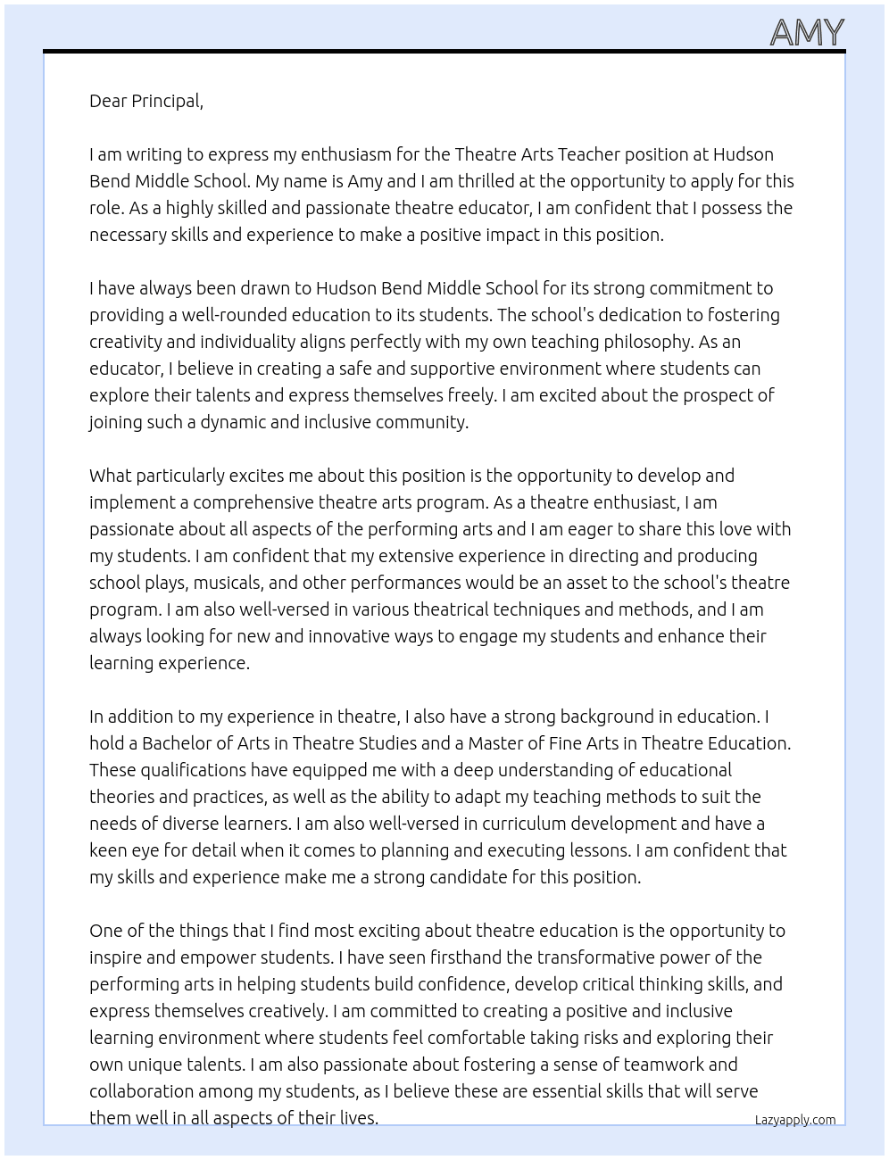Theatre Arts Teacher At Hudson Bend Middle School Cover Letter