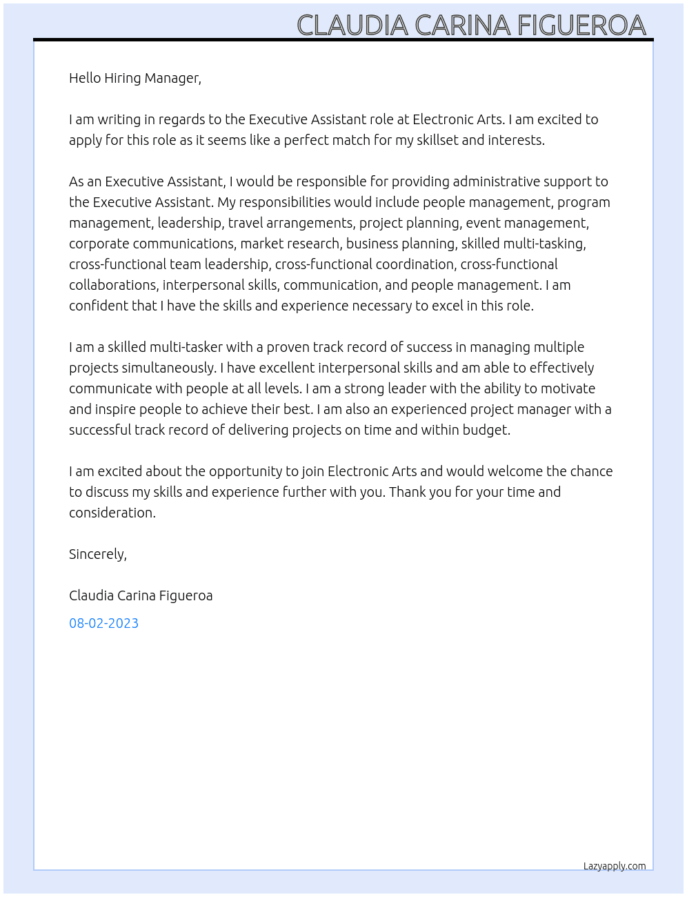 Executive Assistant  At Electronic Arts Cover Letter