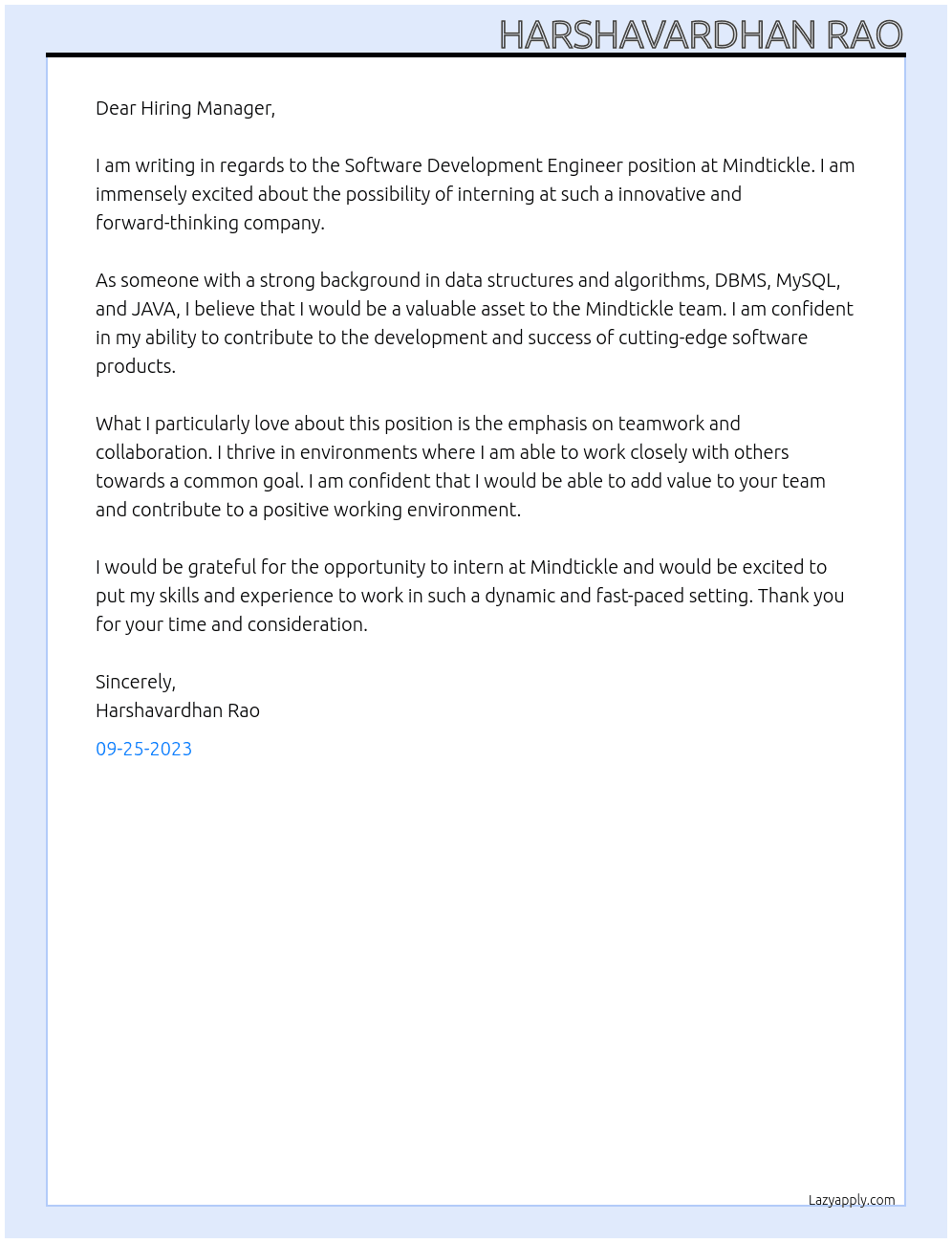 Software Development Engineer At Mindtickle Cover Letter