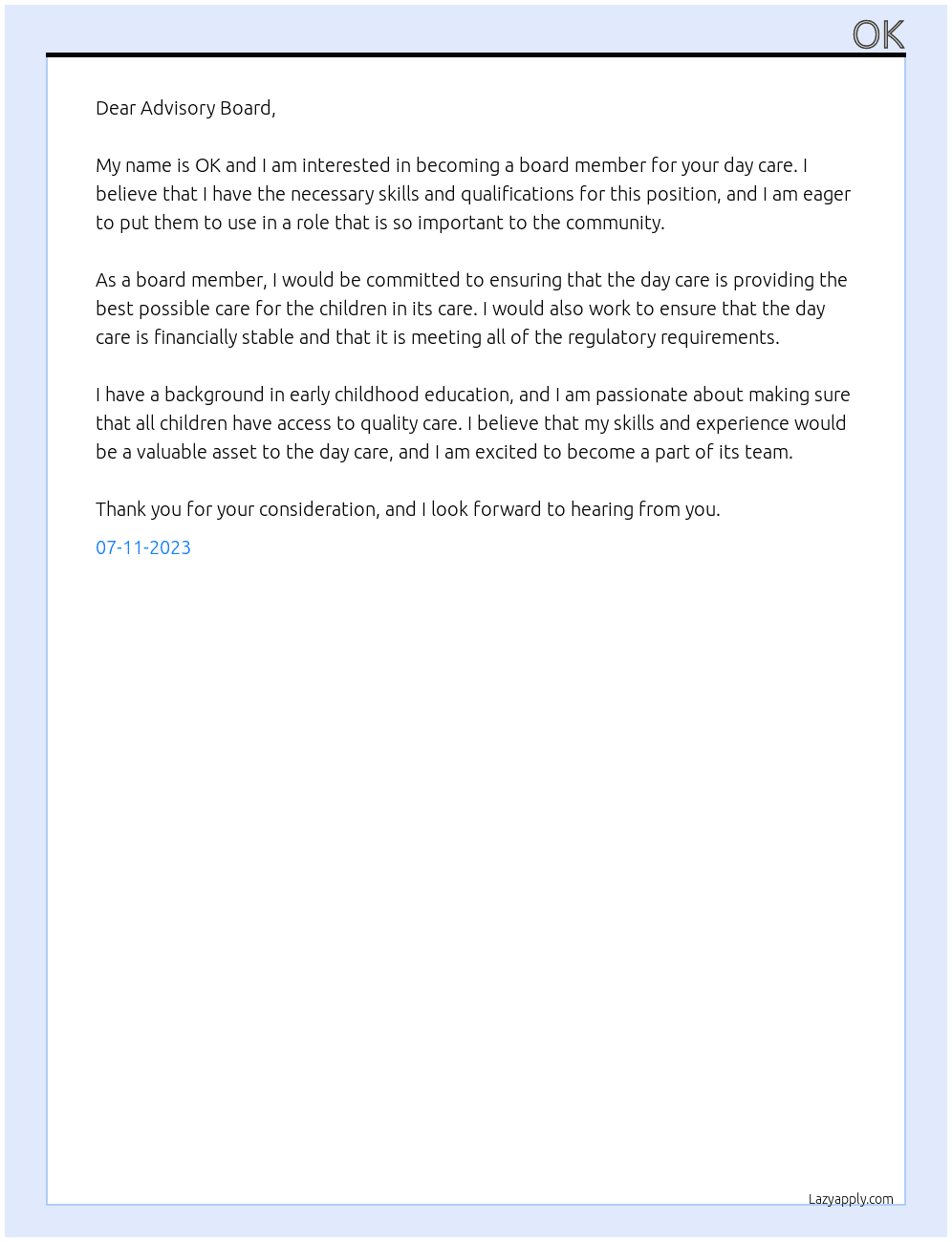 Board member  At day care Cover Letter