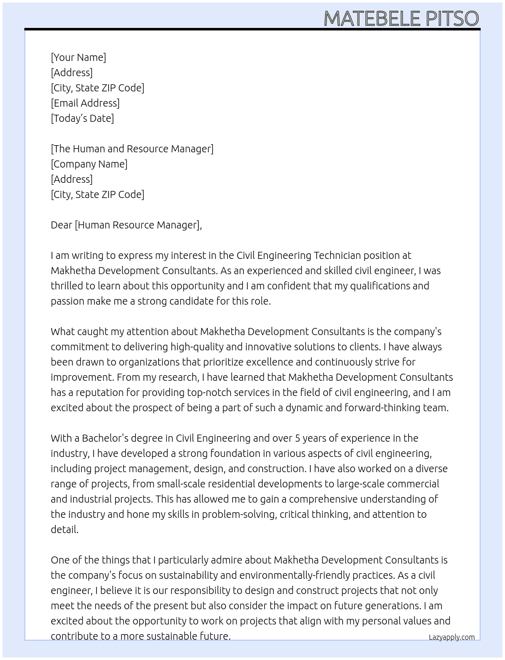 civil Engineering Technician At Makhetha Development Consultants Cover Letter