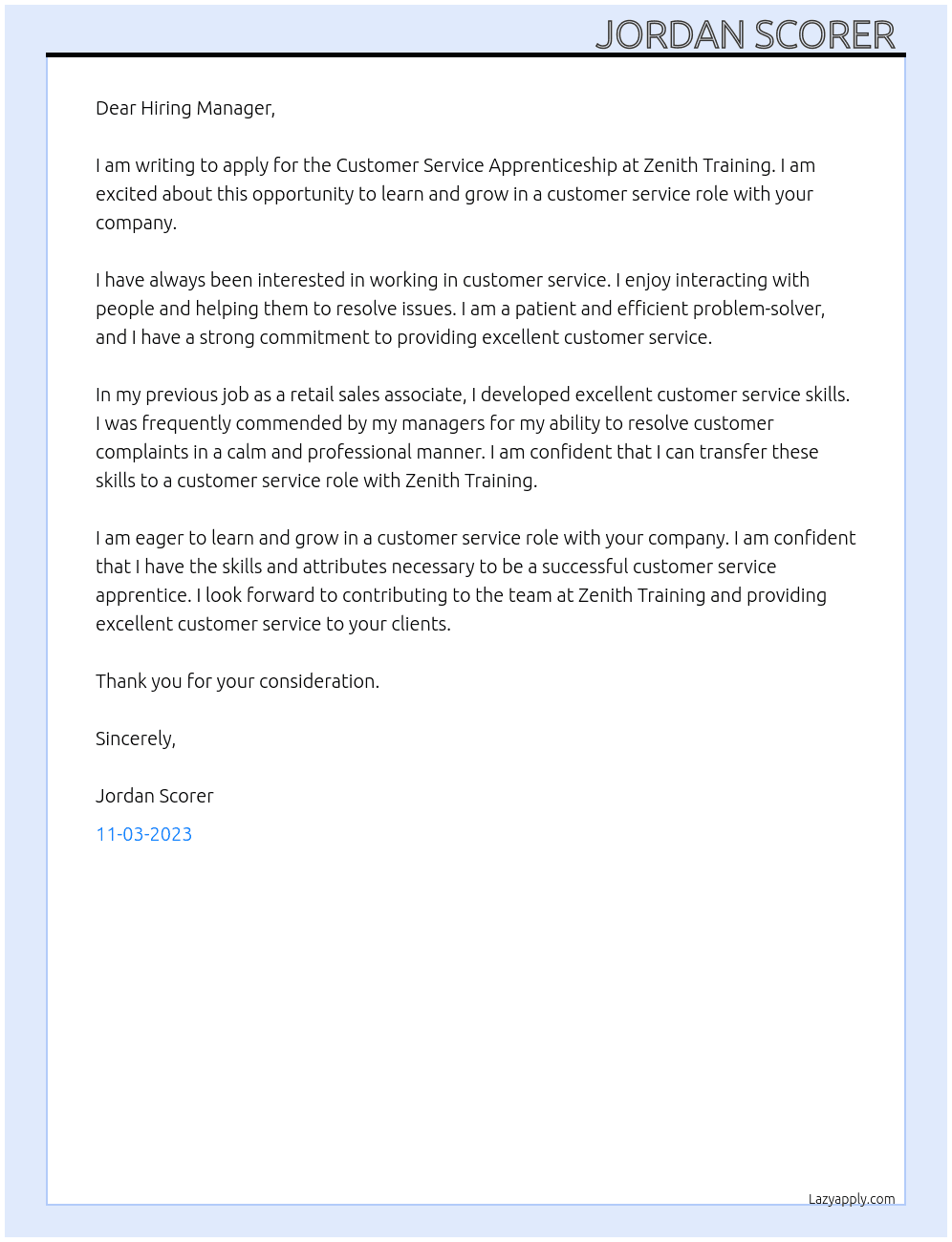 Customer Service Apprenticeship  At Zenith Training  Cover Letter