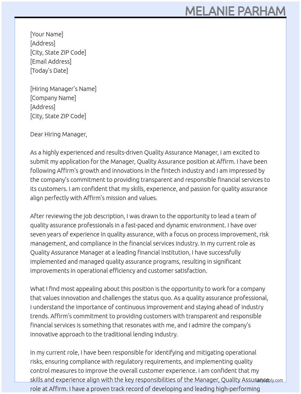 Manager, Quality Assurance At Affirm Cover Letter