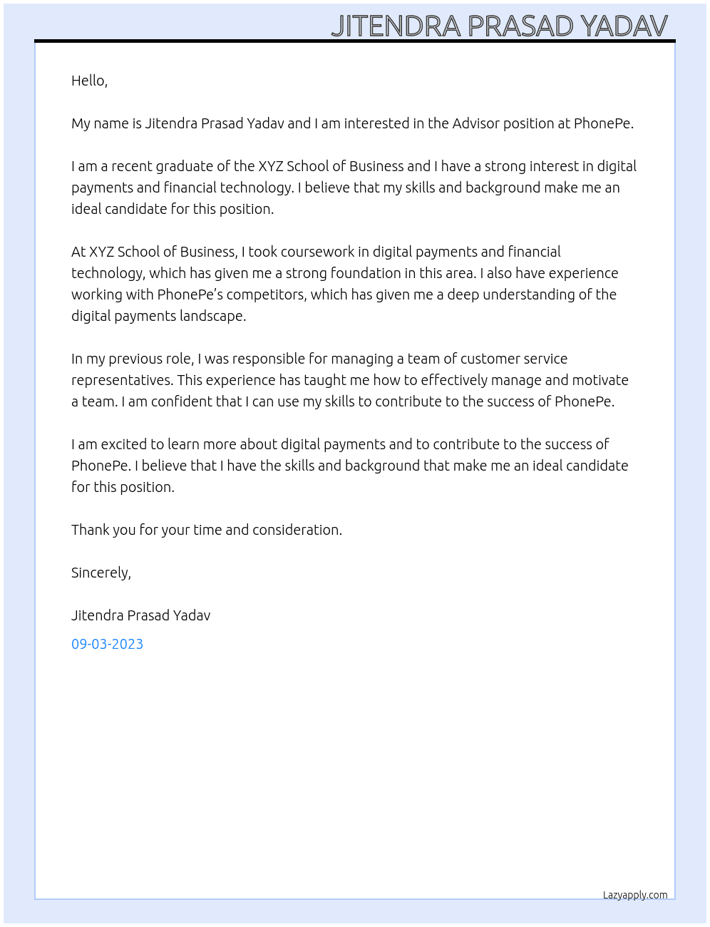 Advisor At PhonePe  Cover Letter