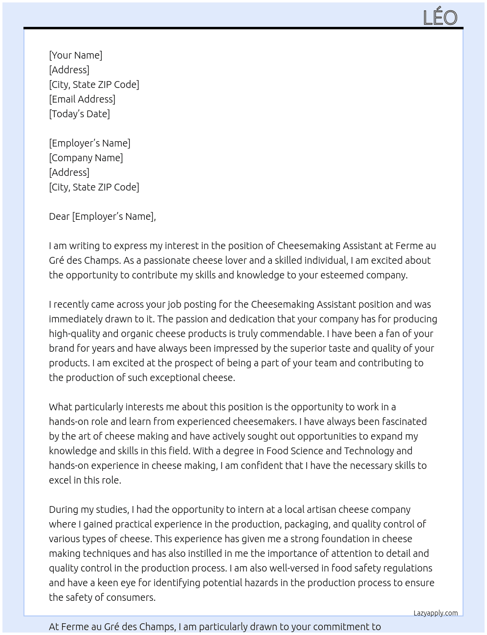 Cheesemaking assistant At Ferme au Gré des Champs Cover Letter