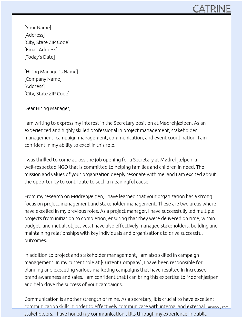 Secretary for NGO At Mødrehjælpen Cover Letter