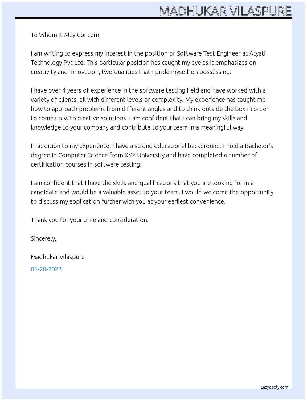 Software Test Engineer  At Atyati Technology Pvt Ltd  Cover Letter