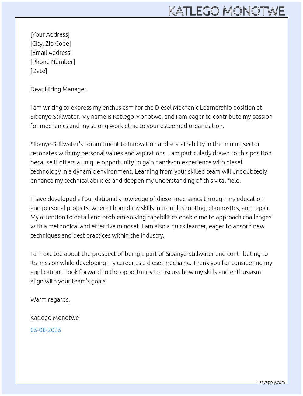 Diesel Mechanic Learnership  At Sibanye-stillwater Cover Letter