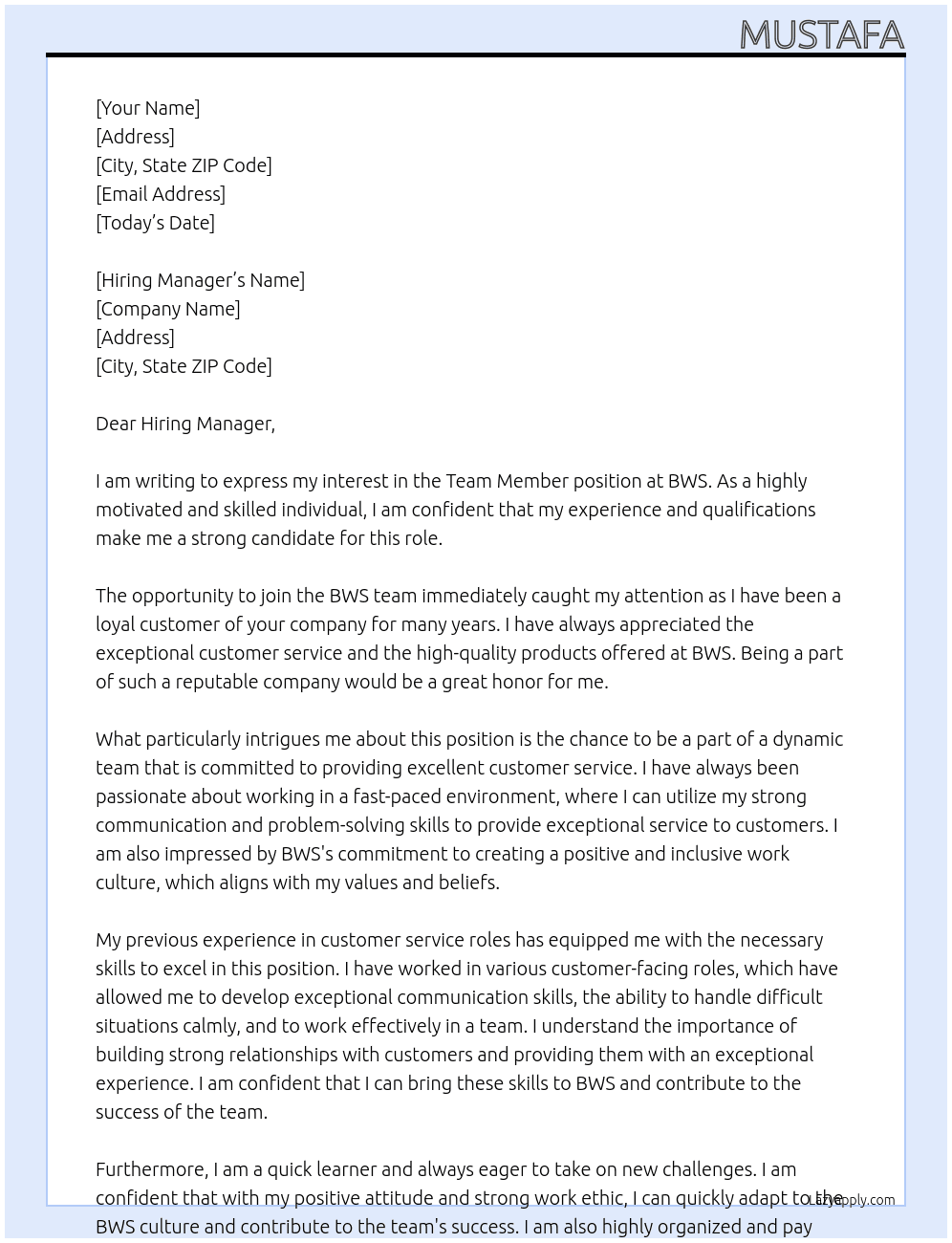 Team member At BWS Cover Letter