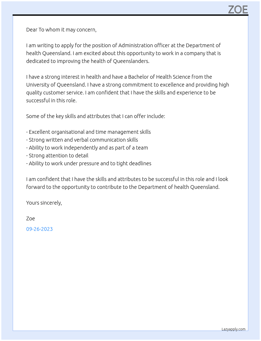 Administration officer  At Department of health Queensland  Cover Letter