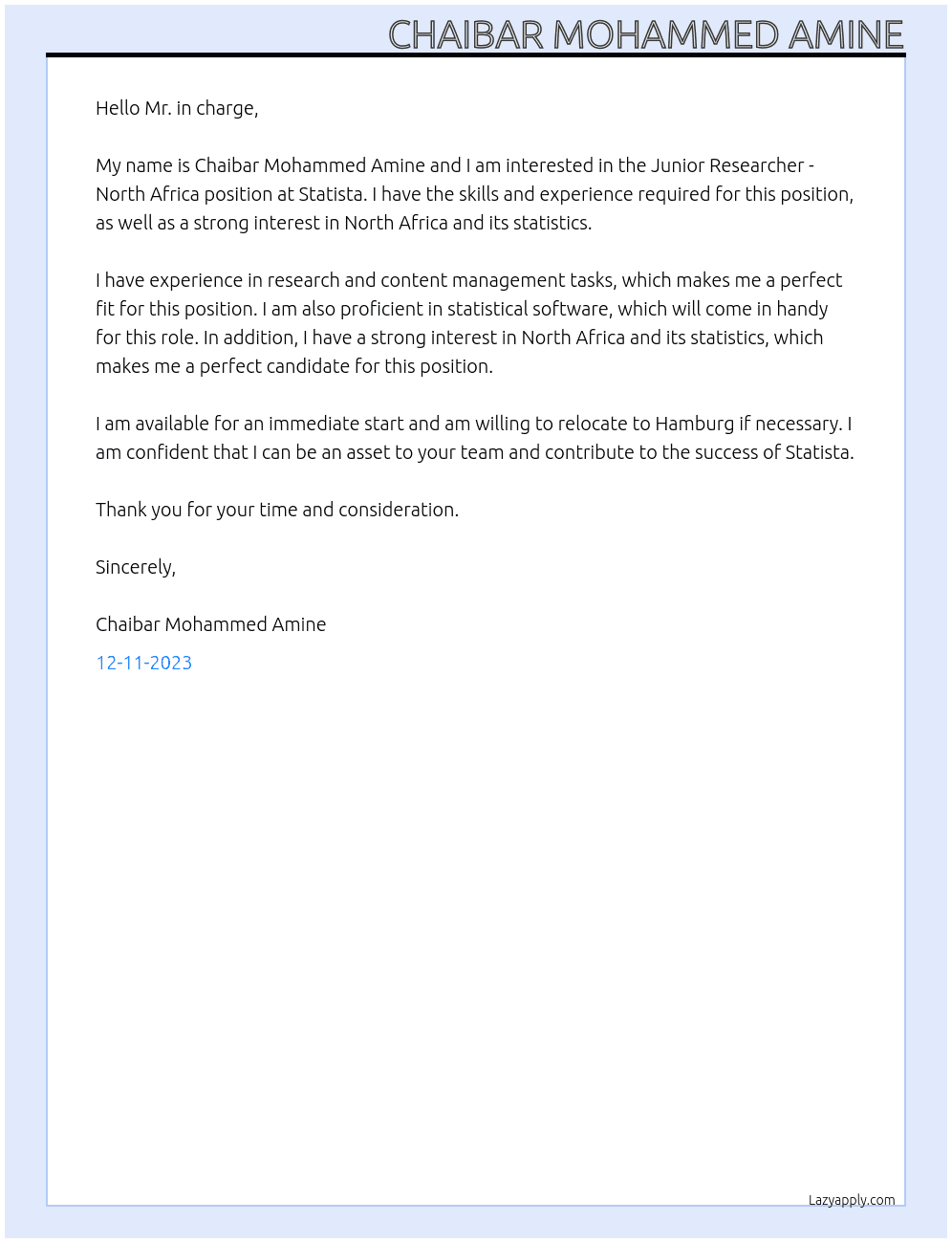 Junior Researcher - North Africa At statista Cover Letter
