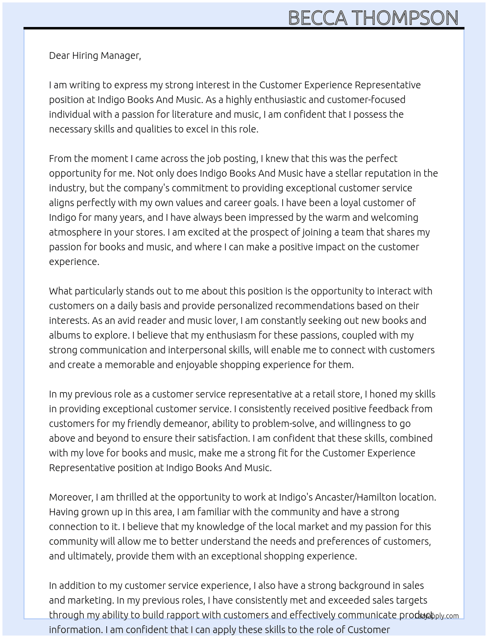 Customer experience representative  At Indigo Books And Music Cover Letter