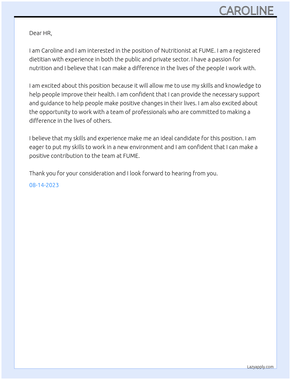 Nutritionist  At FUME Cover Letter