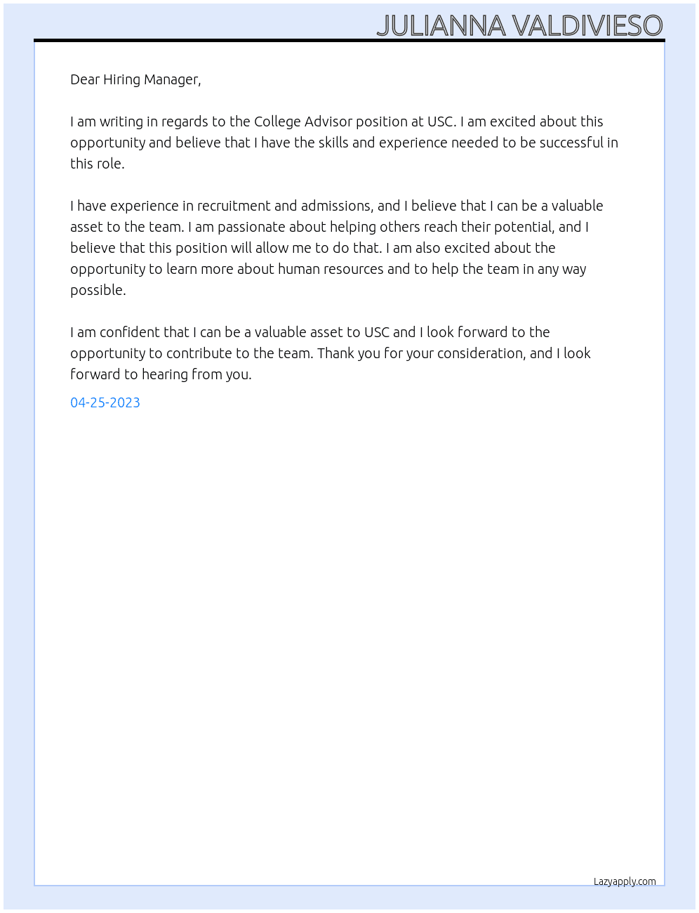 College Advisor At USC Cover Letter