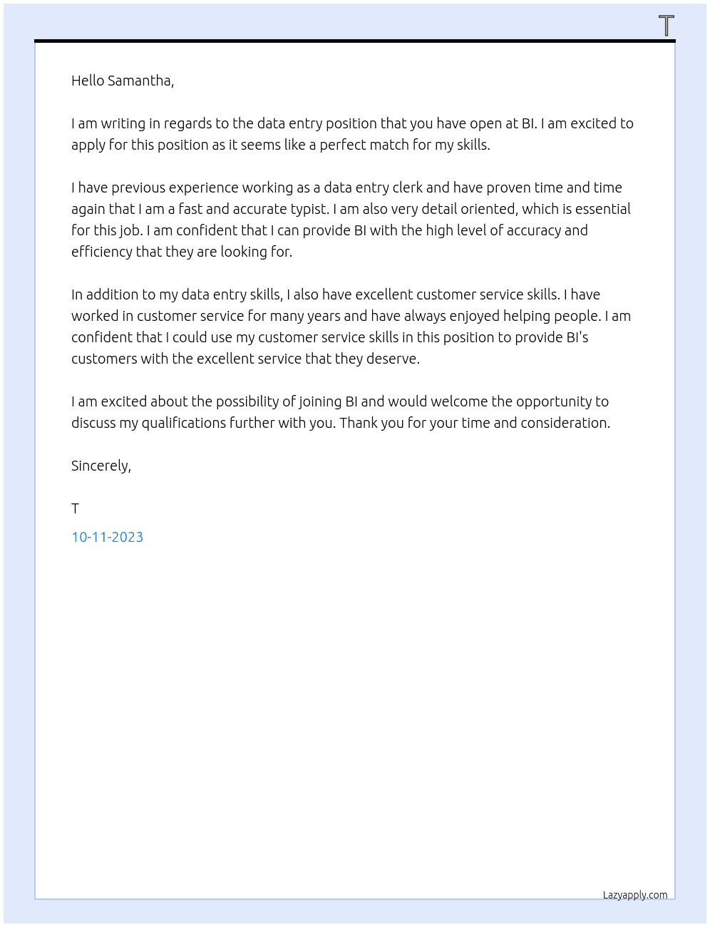 data entry At BI Cover Letter
