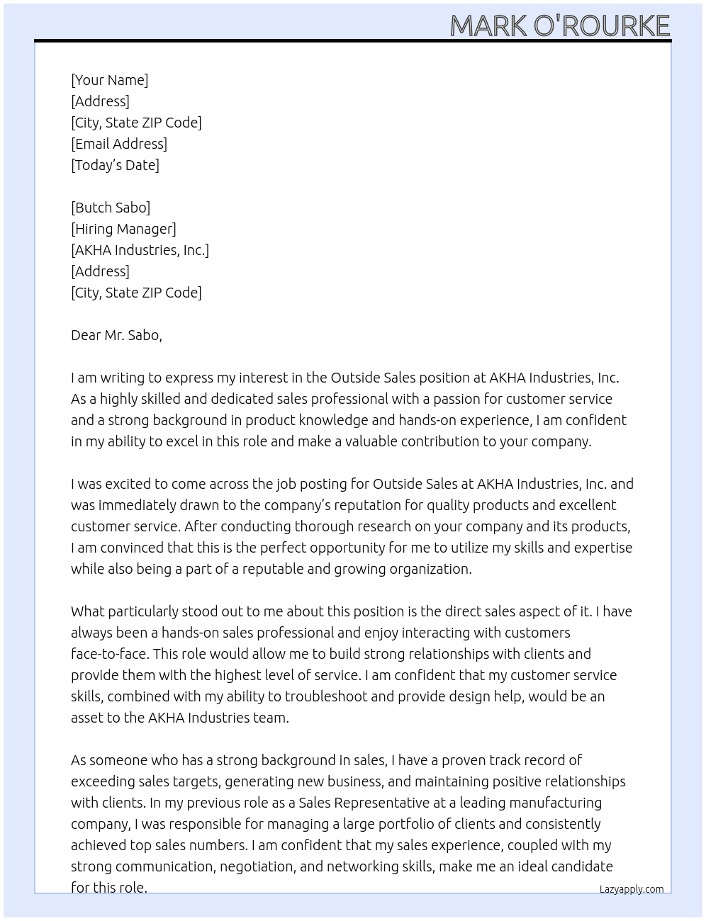 Outside Sales At AKHA Industries, Inc. Cover Letter