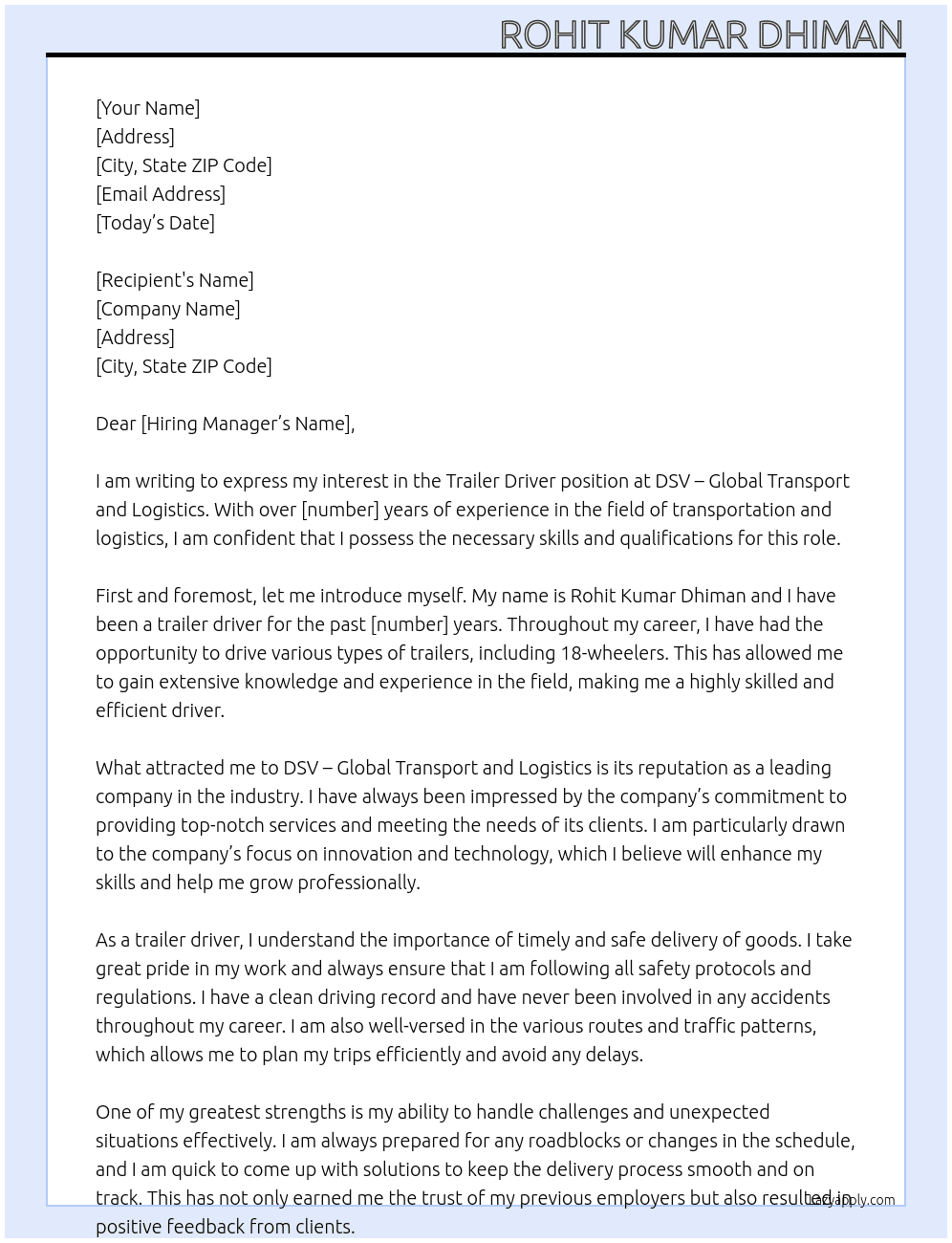 Trailer Driver At dsv - global transport and logistics Cover Letter