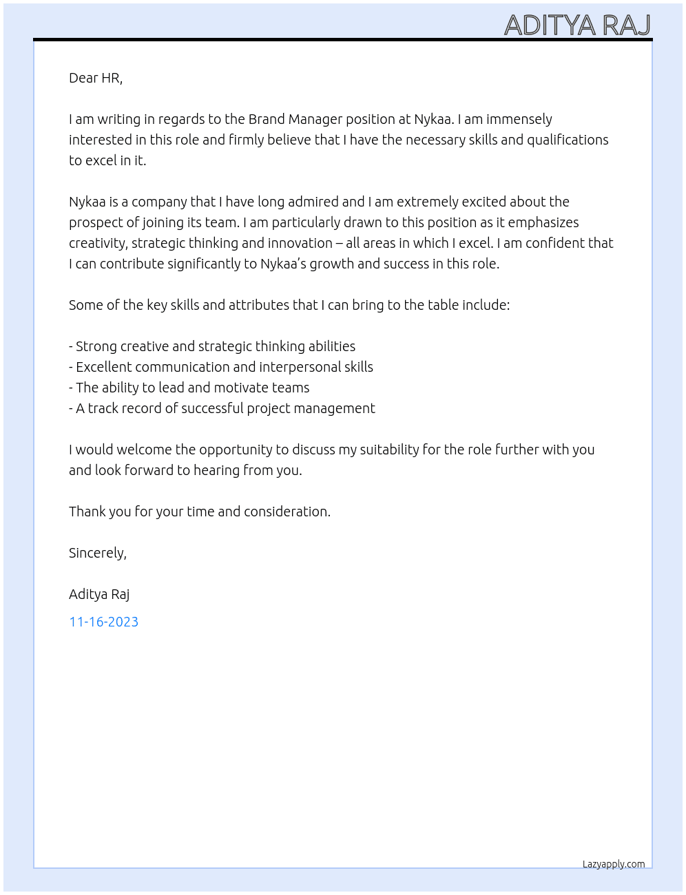 Brand Manager At Nykaa Cover Letter