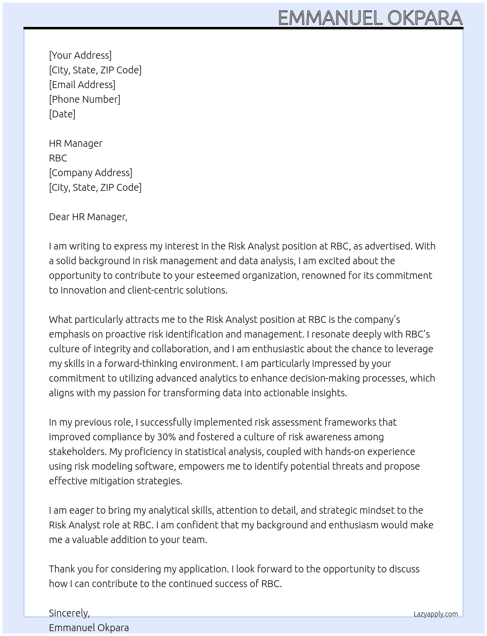 Risk Analyst At RBC Cover Letter