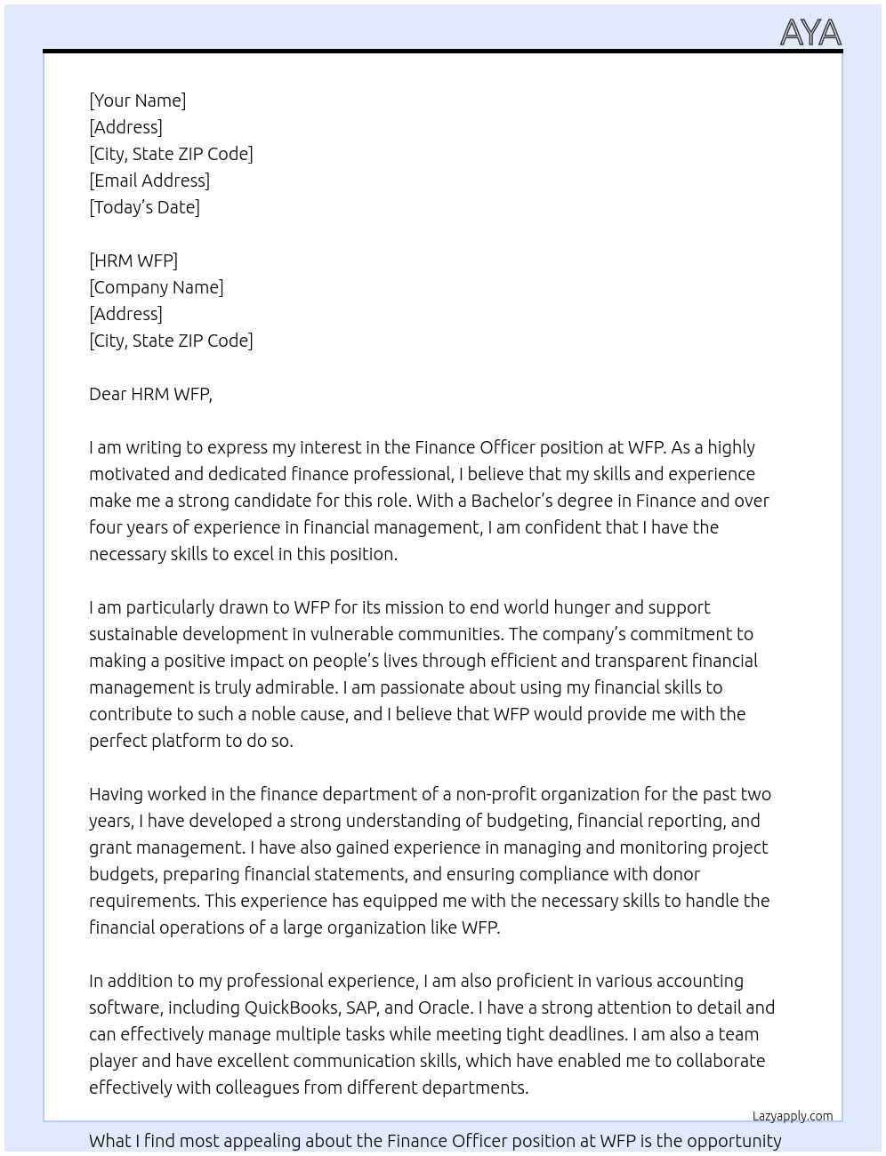Finance Officer At WFP Cover Letter