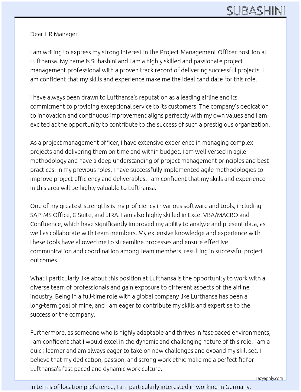 project Management Officer At lufthansa Cover Letter