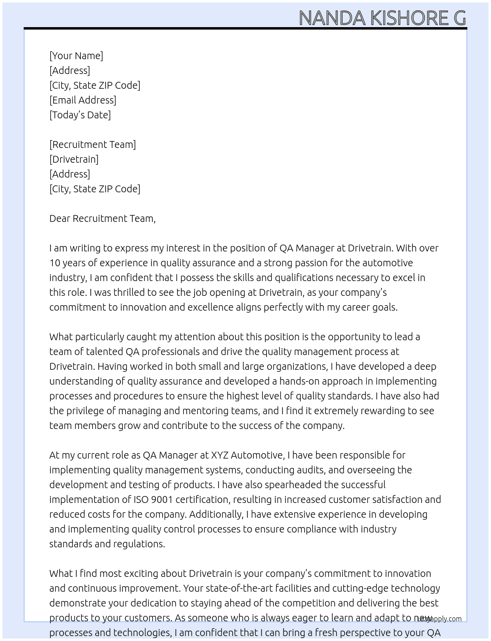 QA Manager At Drivetrain Cover Letter