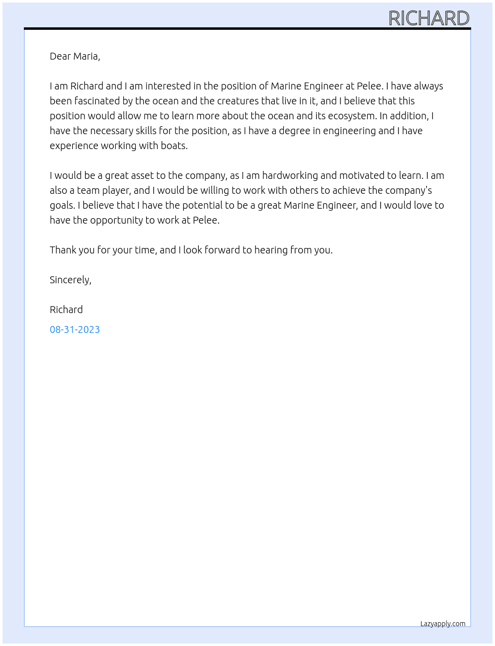 Marine Engineer At Pelee Cover Letter