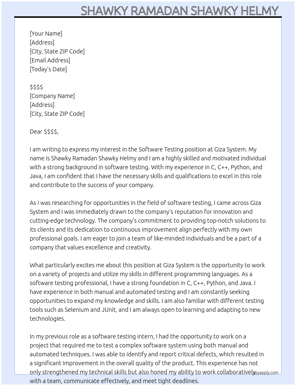 Software testing  At Giza System  Cover Letter