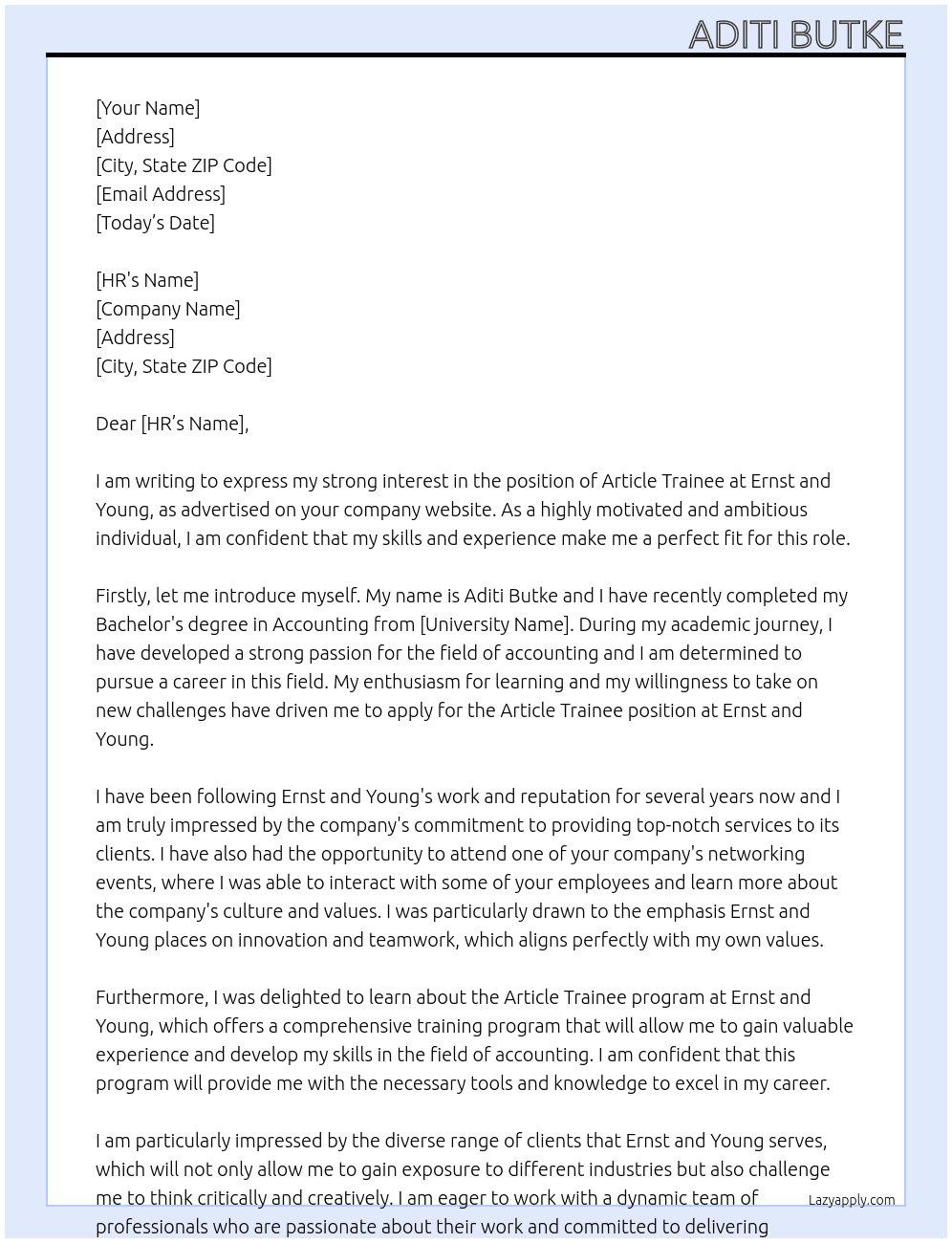 Article trainee At Ernst and Young Cover Letter