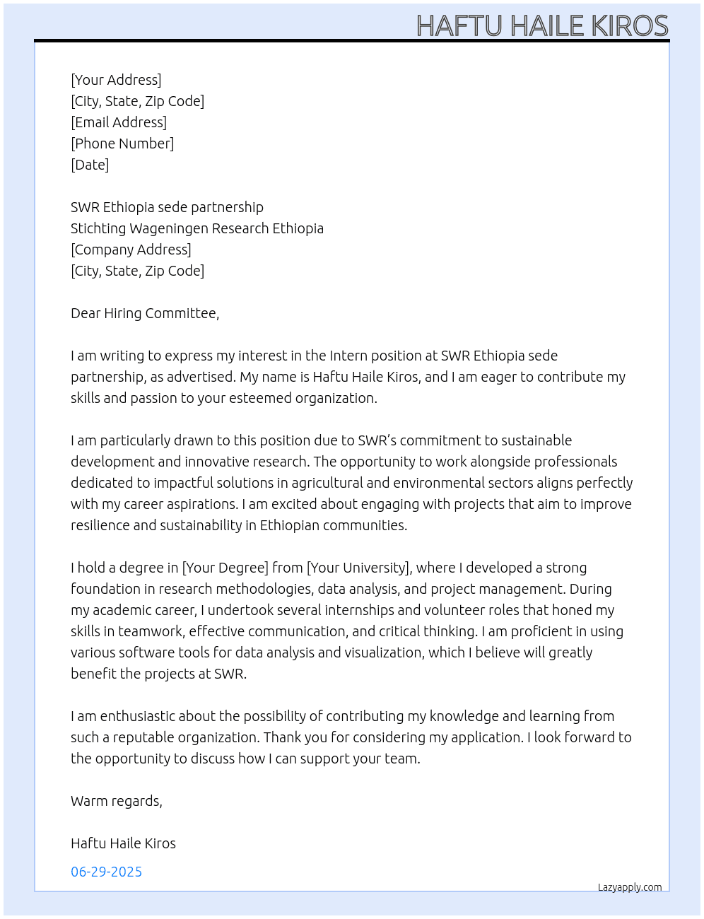 Cover letter for intern at swr ethiopia sede partnership - LazyApply