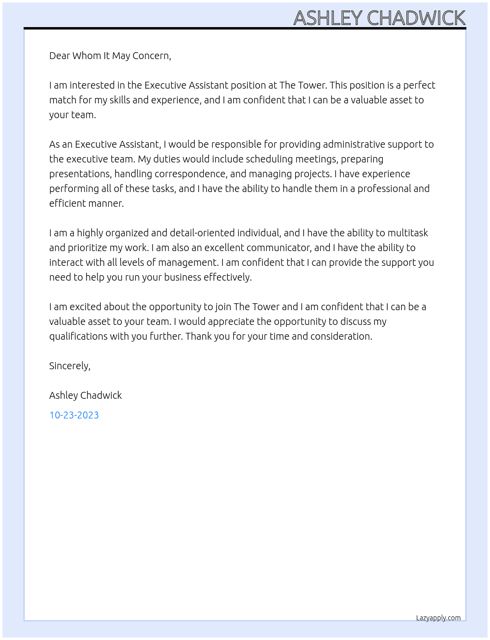 Executive Assistant  At The Tower Cover Letter