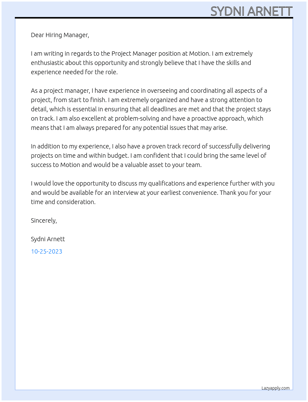 Project Manager At Motion Cover Letter