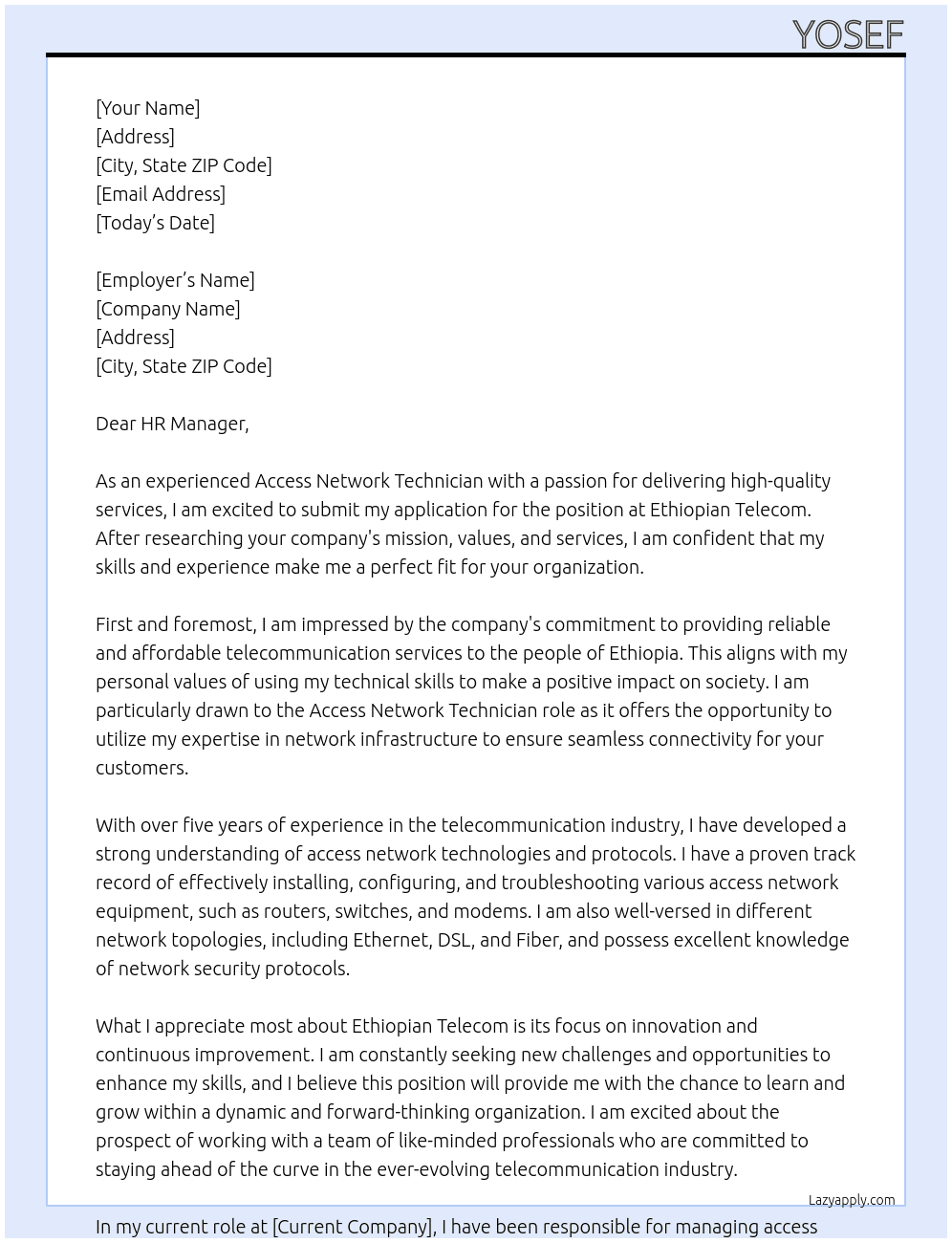 Access network technician At ethiotelecom Cover Letter