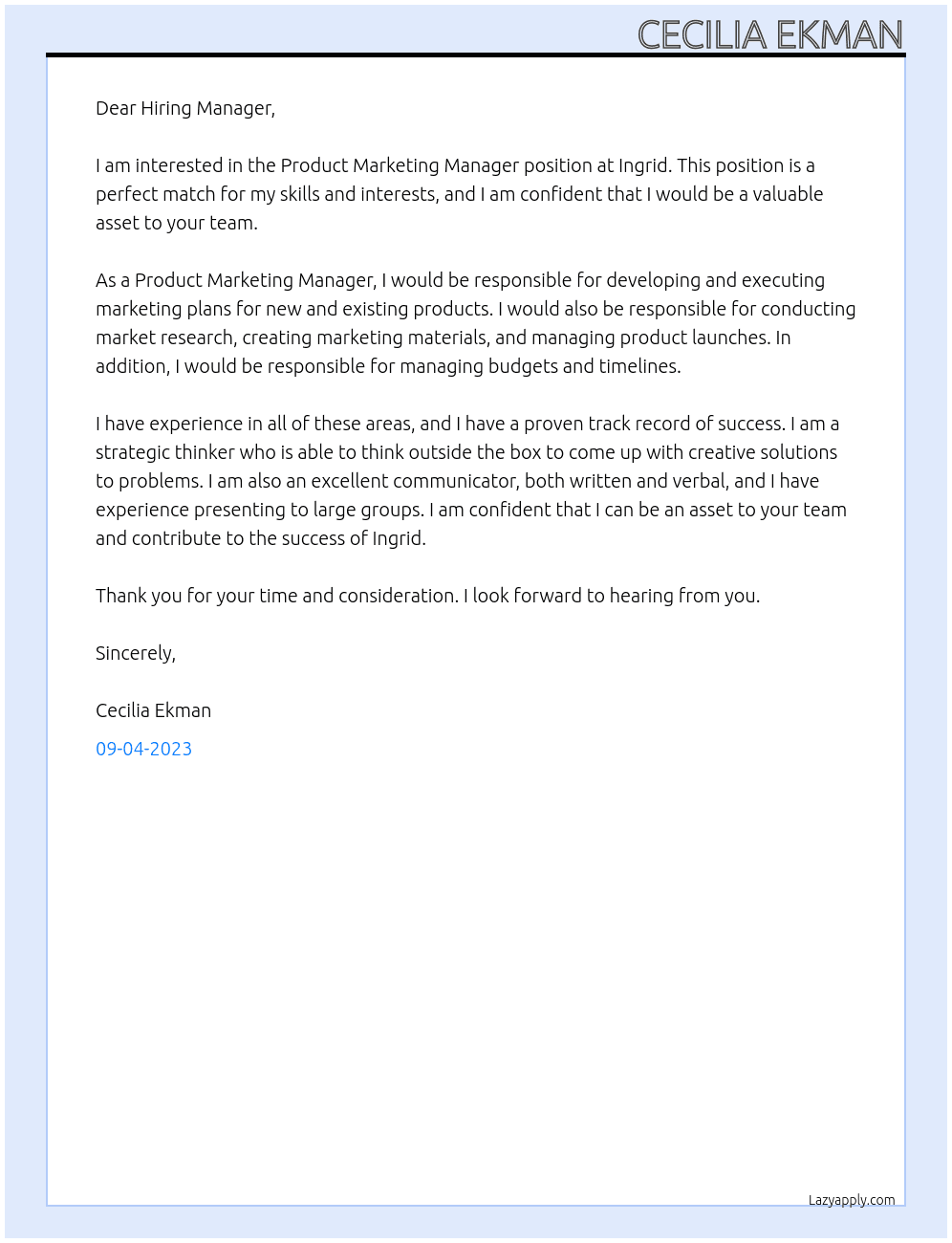 Product Marketing Manager At Ingrid Cover Letter