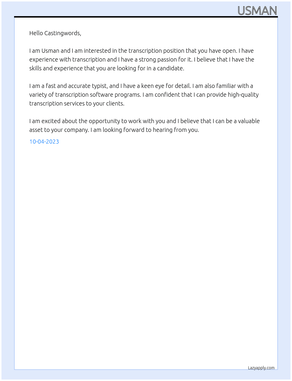 transcription At Castingwords freelance Cover Letter
