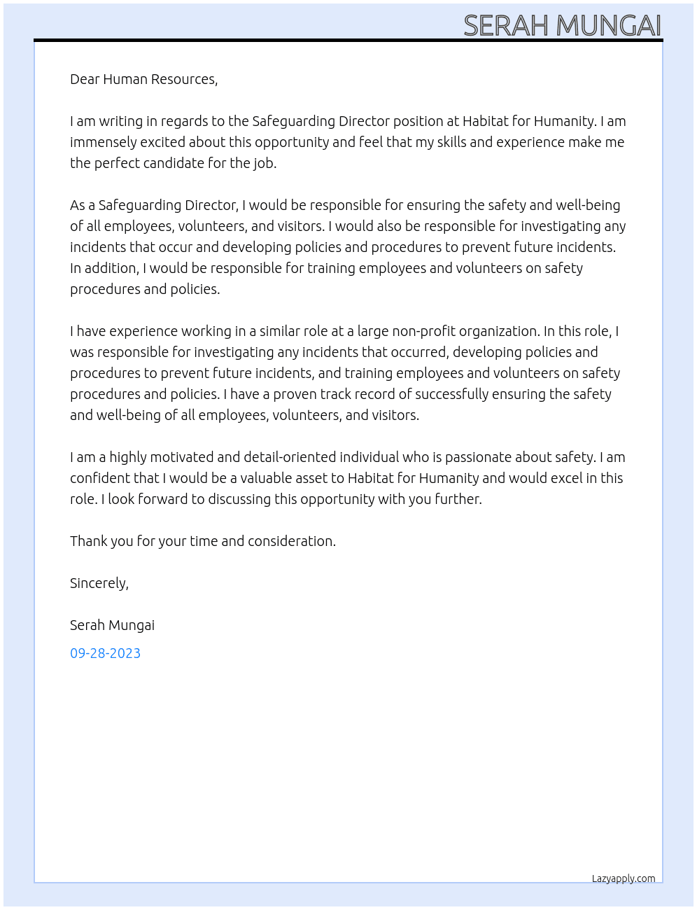 Safeguarding Director At Habitat for humanity Cover Letter