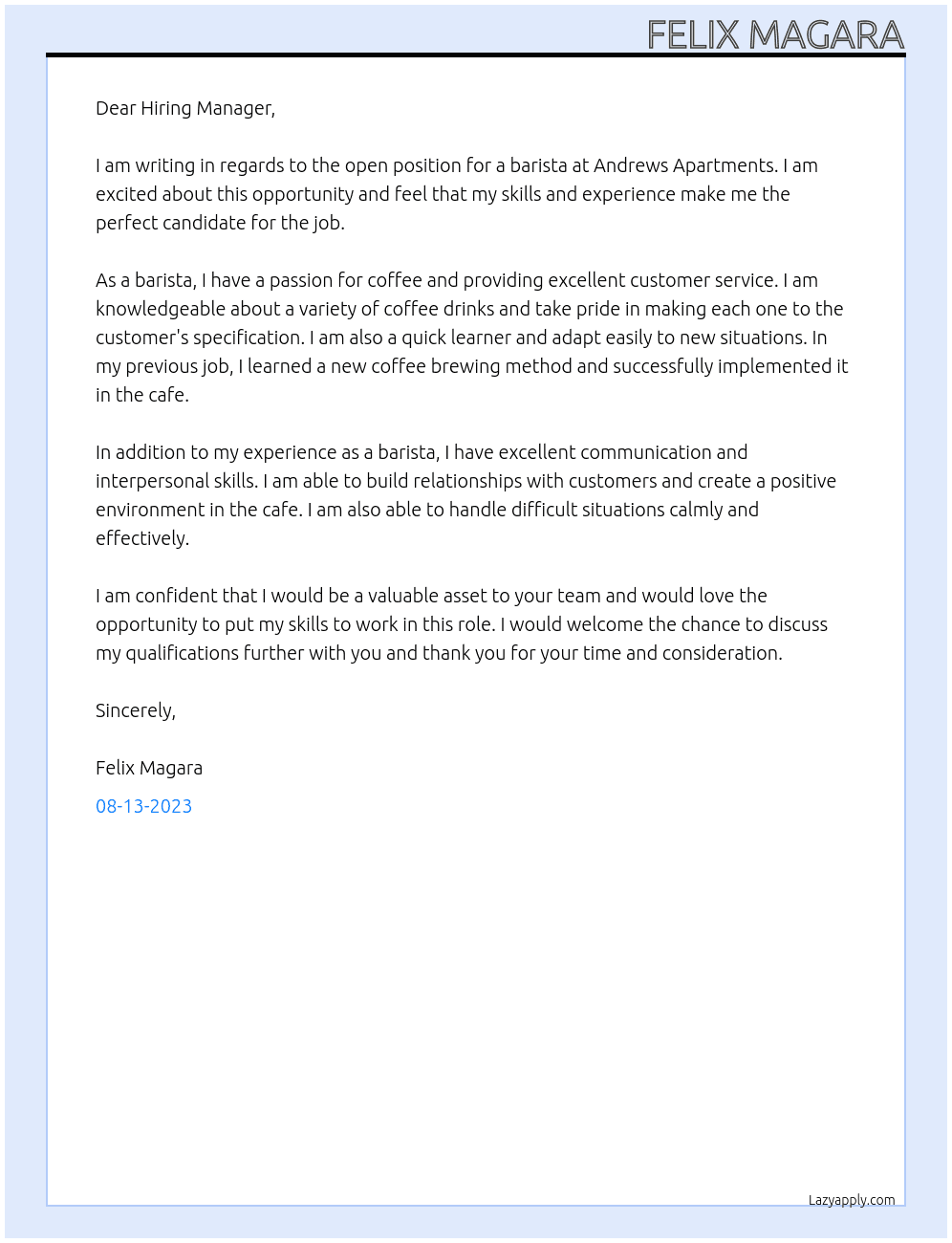 Barista  At Andrews Apartments Cover Letter