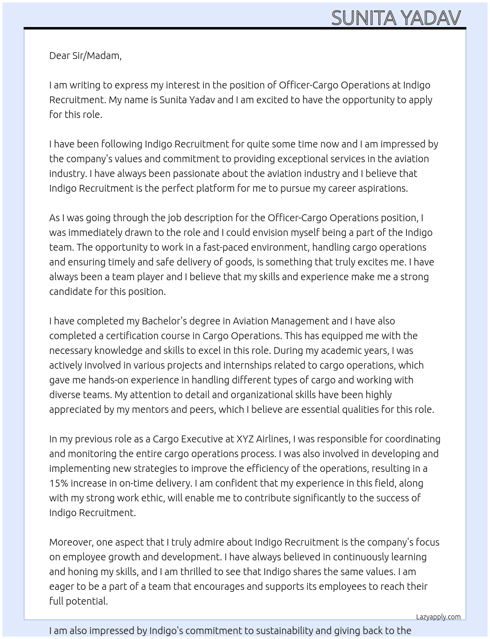 Officer-cargo operations At Indigo Recruitment Cover Letter