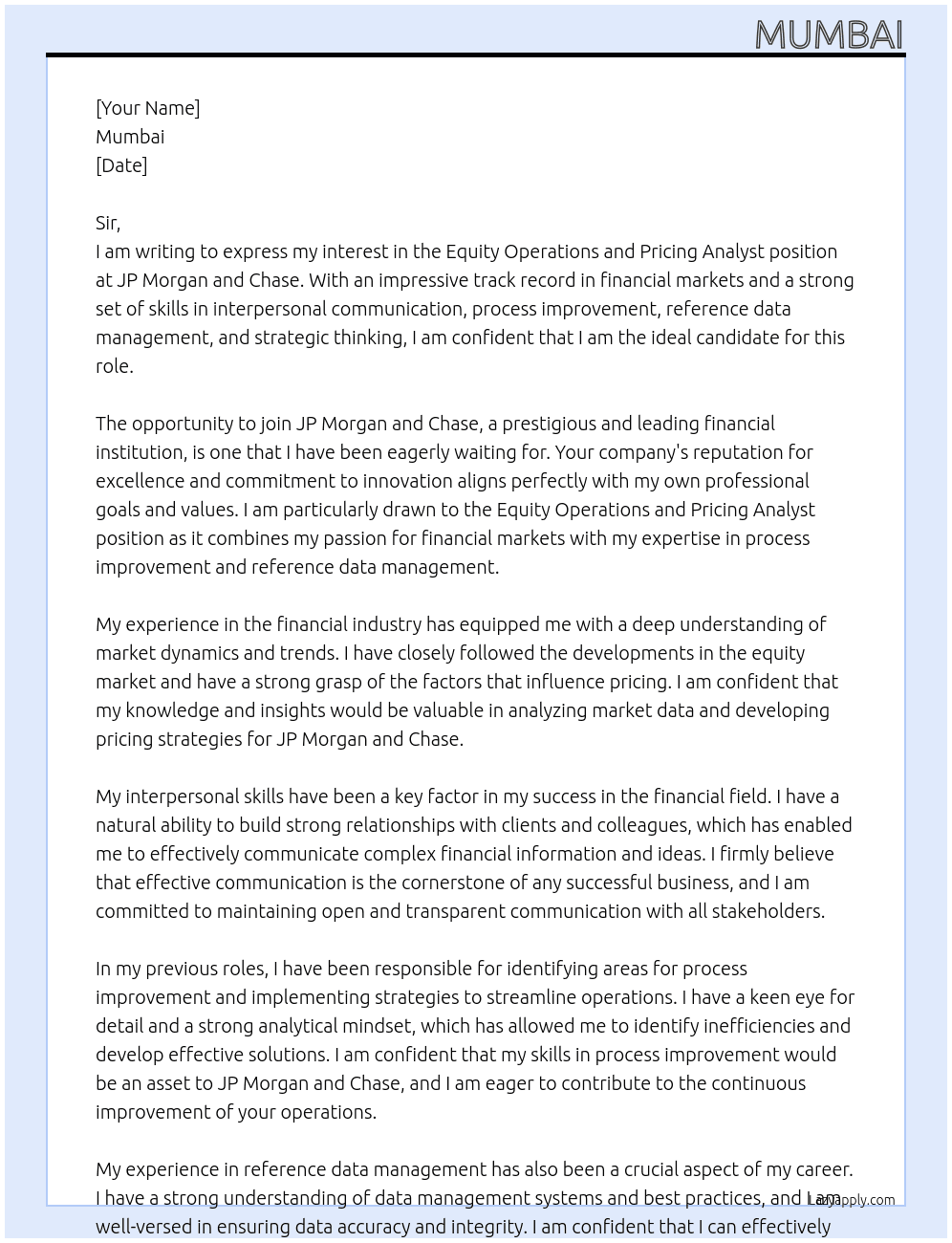 equity operations and pricing analyst At Jp morgan and chase Cover Letter